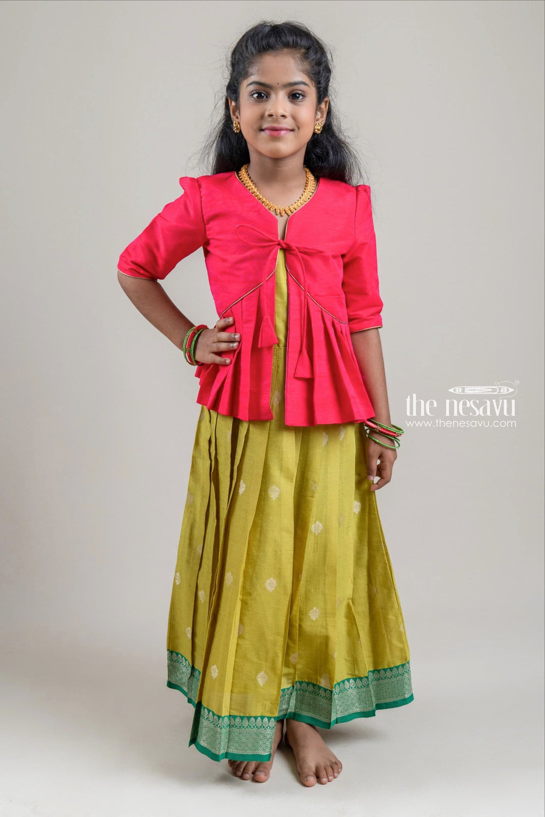 The Nesavu Silk Gown Pink Silk Cotton Overcoat with Knife Pleated and Green Butta Printed Silk Cotton Gown With Small Border Nesavu 14 (6M) / Green / Cotton Silk GA139B-14 Girls Casual Cotton Wear Collection | The Nesavu