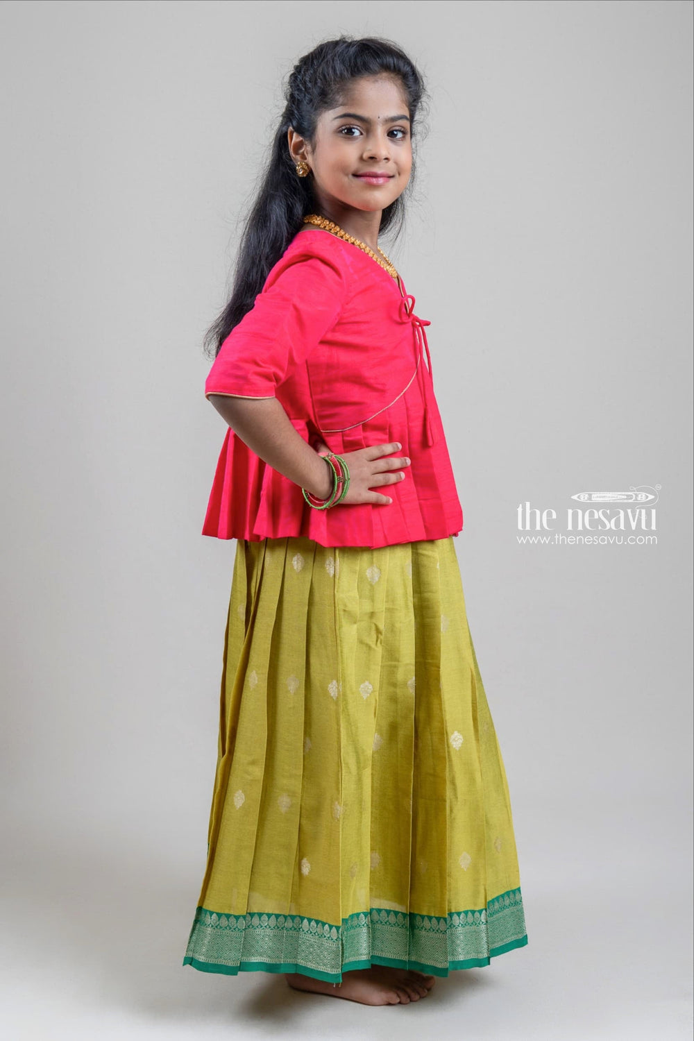 The Nesavu Silk Gown Pink Silk Cotton Overcoat with Knife Pleated and Green Butta Printed Silk Cotton Gown With Small Border Nesavu Girls Casual Cotton Wear Collection | The Nesavu