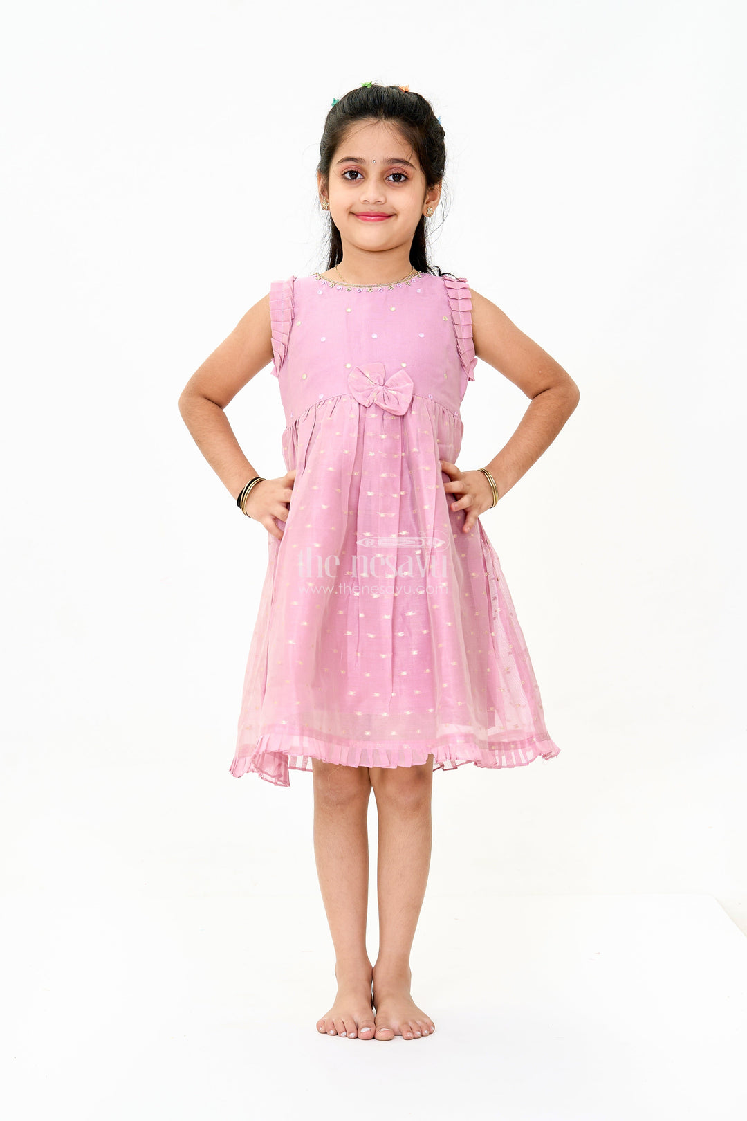 The Nesavu Girls Chanderi Frock Pink Silk Frock for Girls with Mirror Work Neck Design â€“ Festive Dress for Girls Nesavu 16 (1Y) / Pink GFC1445A-16 Pink Silk Festive Frock Girls Mirror Work Neck Design Elegant Party Outfit Nesavu