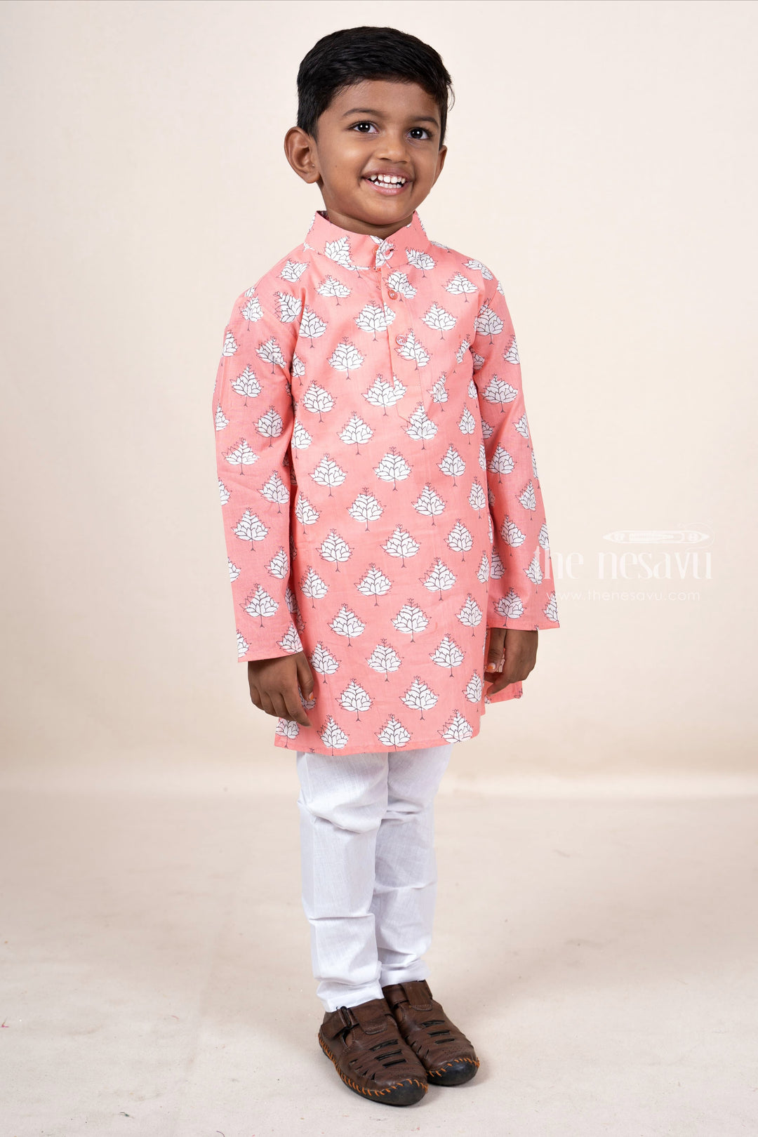 The Nesavu Boys Kurtha Set Pink Soft Cotton Kurta Dresses For Baby Boys With Attached Cotton Pant Nesavu 16 (1Y) / Orange / Cotton BES191A-16 Indigo Blue Cotton Kurta Dresses | Smart Ethnic Casual Wear | The Nesavu