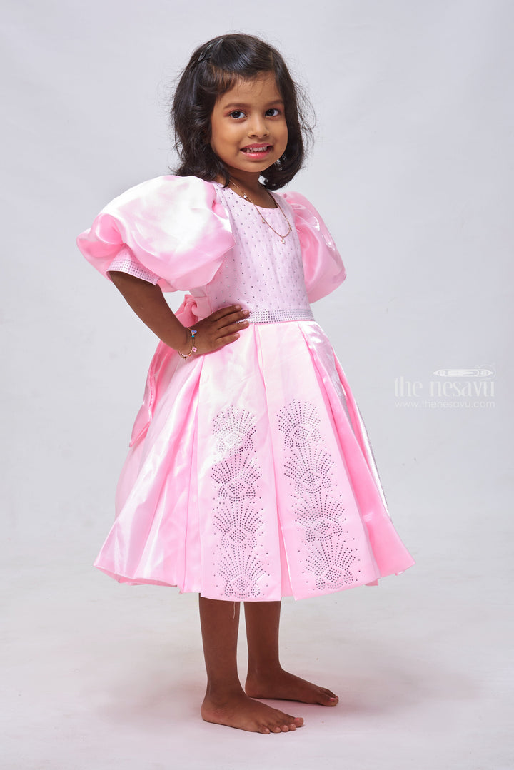 The Nesavu Girls Fancy Party Frock Pink Sparkle: Glitter-Stone Adorned Box Pleated Organza Party Dress for Girls Nesavu Unique Birthday Frock for 2-Year-Old Girls | Stylish Party Dresses | The Nesavu