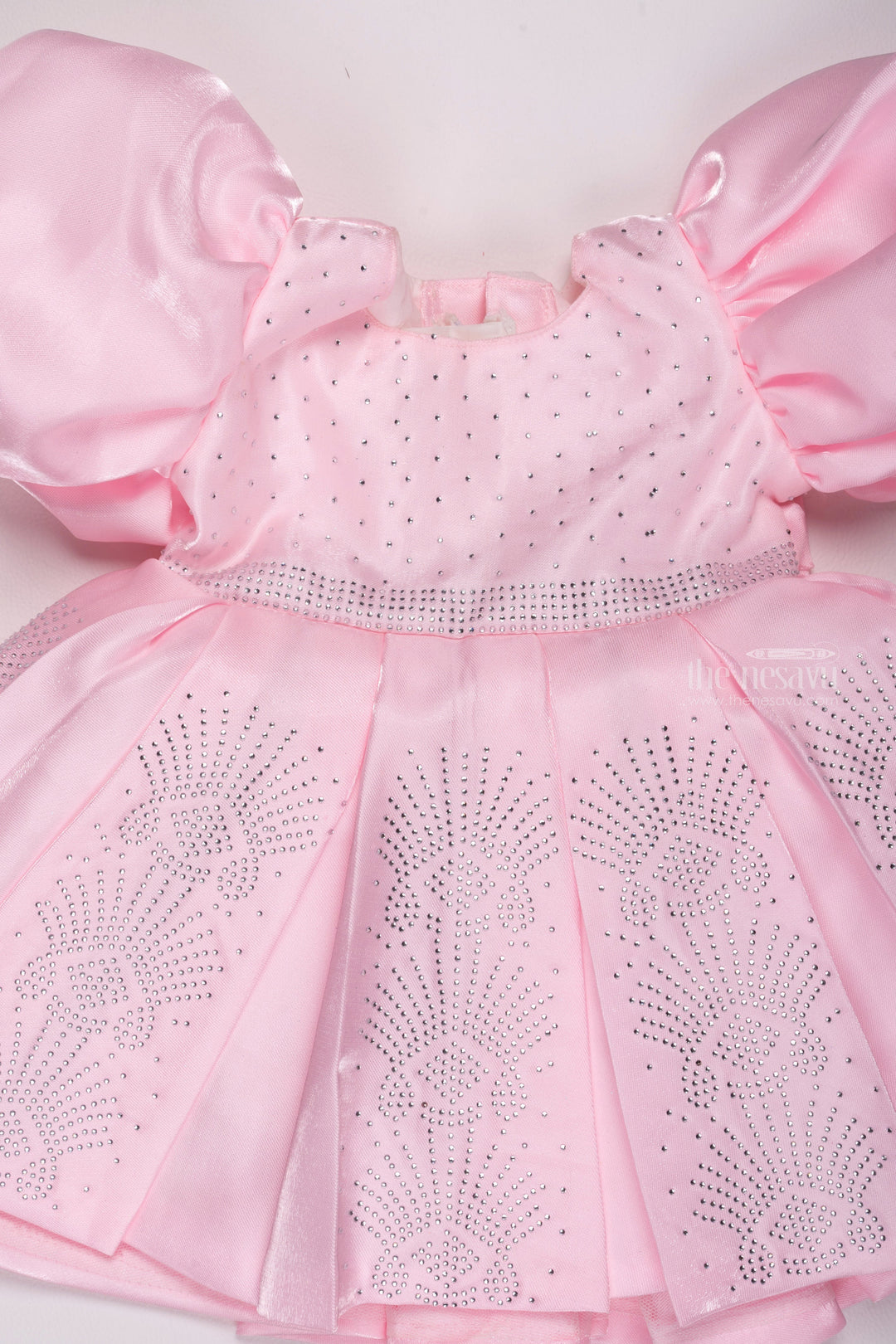 The Nesavu Girls Fancy Party Frock Pink Sparkle: Glitter-Stone Adorned Box Pleated Organza Party Dress for Girls Nesavu Unique Birthday Frock for 2-Year-Old Girls | Stylish Party Dresses | The Nesavu