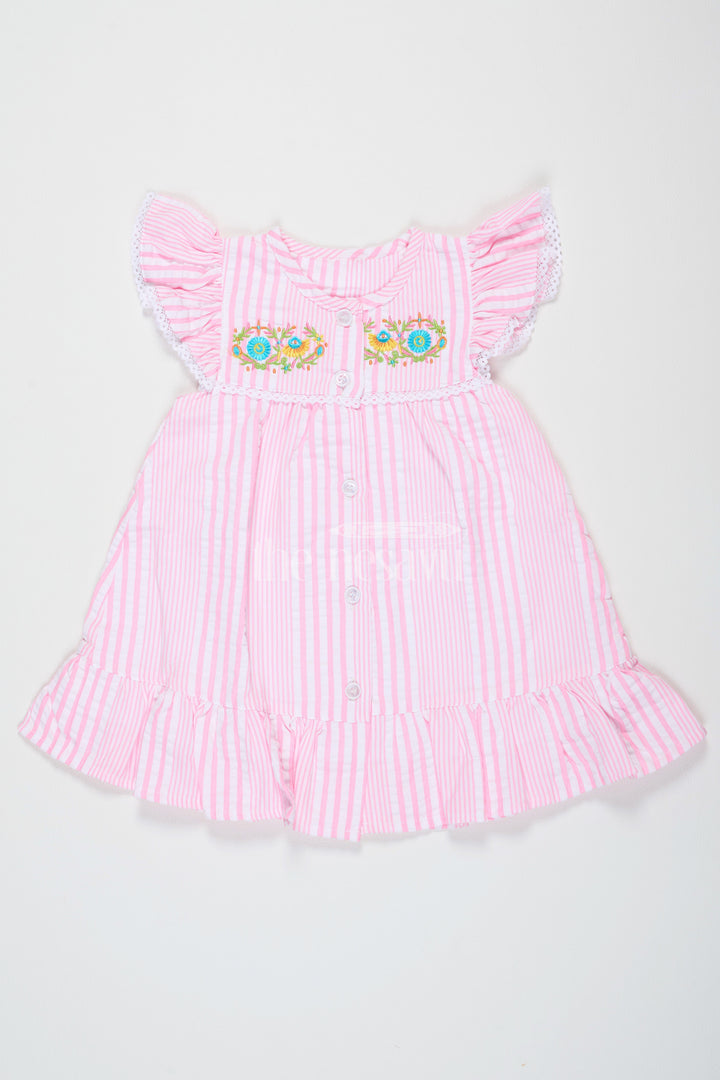 The Nesavu Baby Cotton Frocks Pink Striped Baby Cotton Frock with Floral Embroidery and Ruffled Sleeves for Girls Nesavu 14 (6M) / Pink BFJ667A-14 Nesavu Pink Striped Baby Cotton Frock Floral Embroidery Ruffled Sleeves Casual Wear