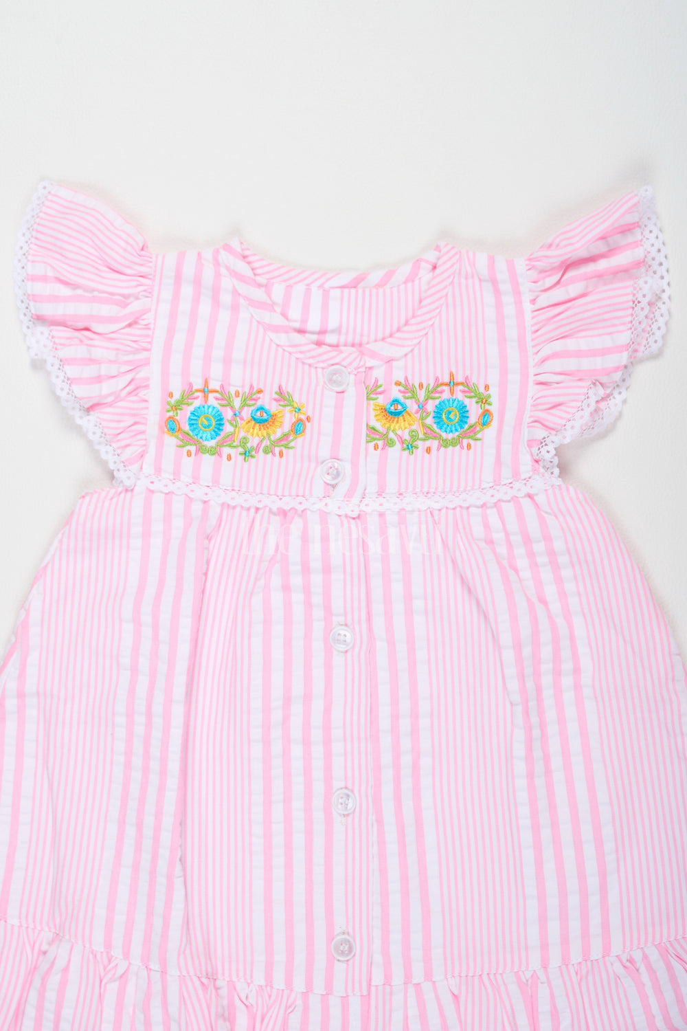 The Nesavu Baby Cotton Frocks Pink Striped Baby Cotton Frock with Floral Embroidery and Ruffled Sleeves for Girls Nesavu Nesavu Pink Striped Baby Cotton Frock Floral Embroidery Ruffled Sleeves Casual Wear