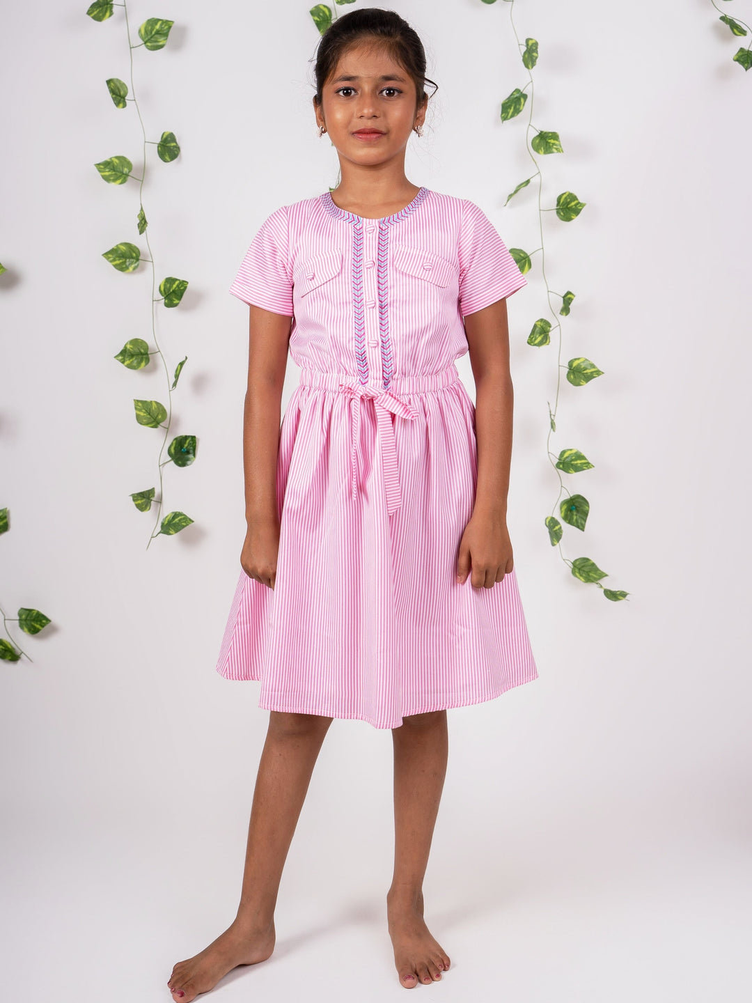 The Nesavu Girls Cotton Frock Pink Striped Soft Cotton Gown Attached Mask And Sleeves Nesavu 16 (1Y) / Pink / Cotton GFC696-16 Baby Girl Cotton Gown For Birthday | Modern Girl Design | The Nesavu