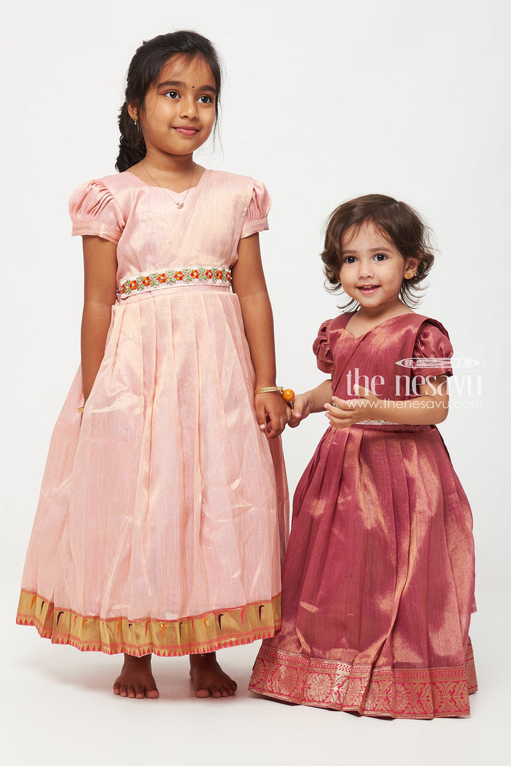 The Nesavu Girls Silk Gown Pink Tissue Fabric Saree Gown for Girls with Embroidered Hip Belt Nesavu