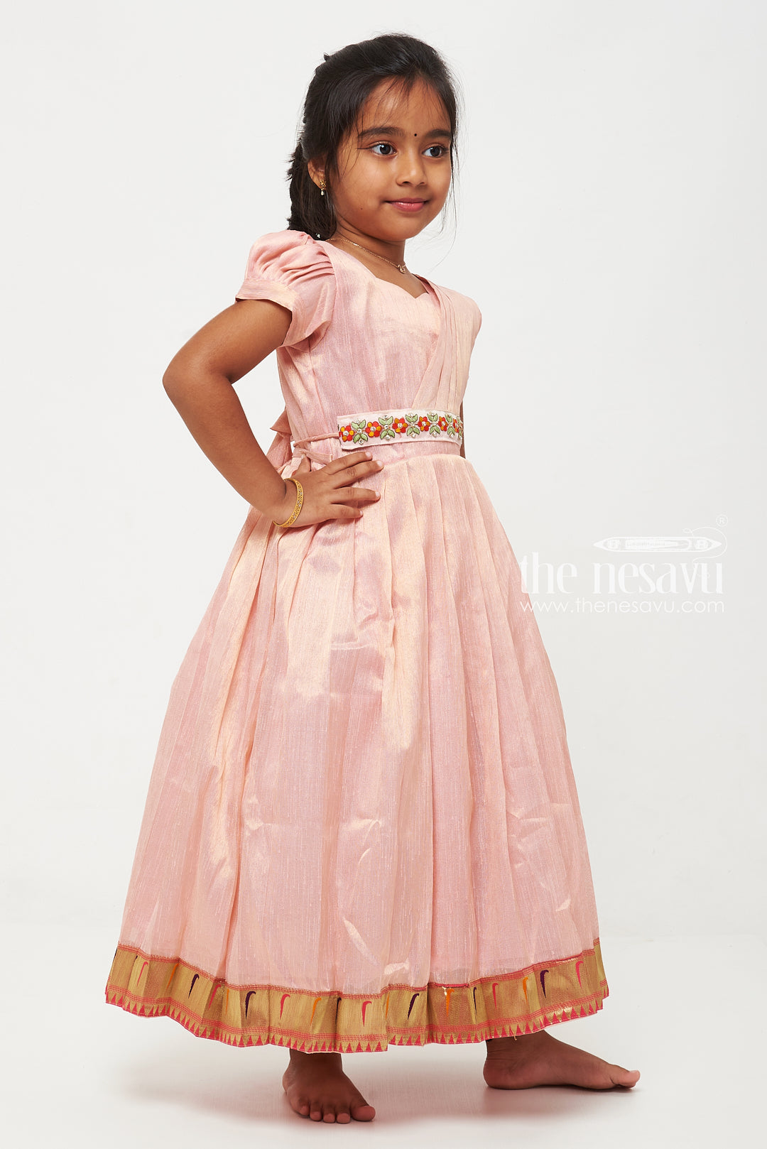 The Nesavu Girls Silk Gown Pink Tissue Fabric Saree Gown for Girls with Embroidered Hip Belt Nesavu