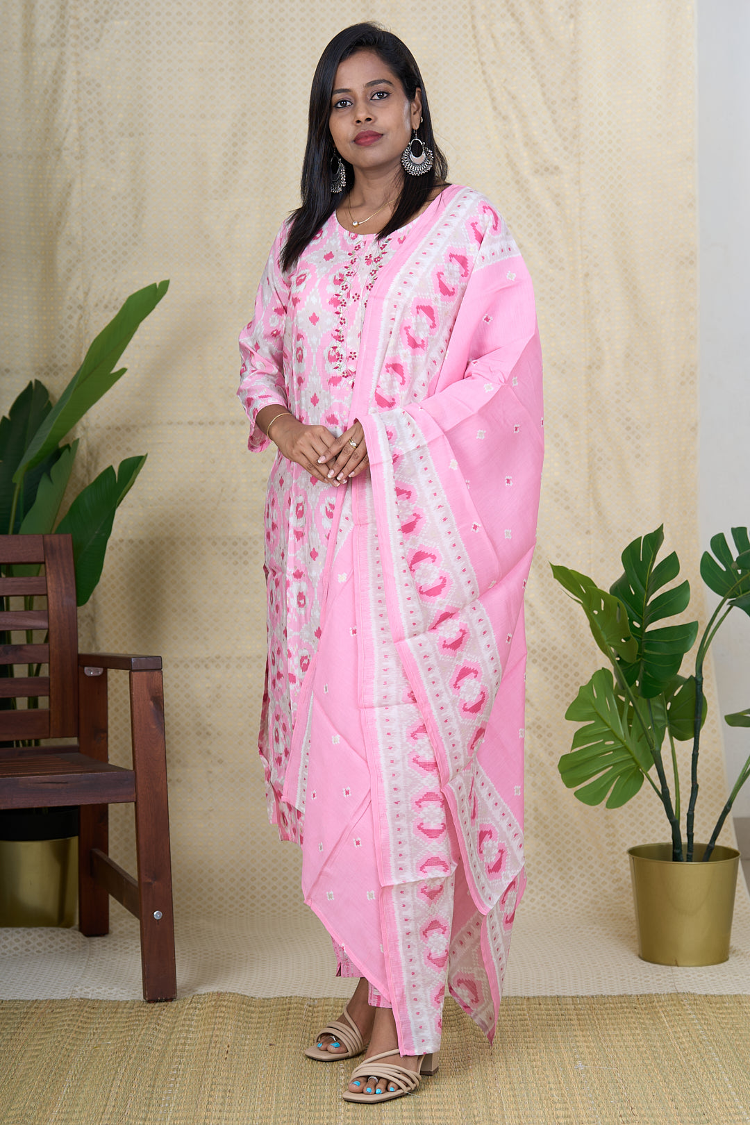 The Nesavu Womens Straight Suit Sets Pink Viscose Silk Kurta Set with Muslin Silk Dupatta Nesavu 38 (M) / Pink / Viscose Silk WTH013B-38 Pink Viscose Silk Kurta Set with Embroidered Neckline and Muslin Dupatta