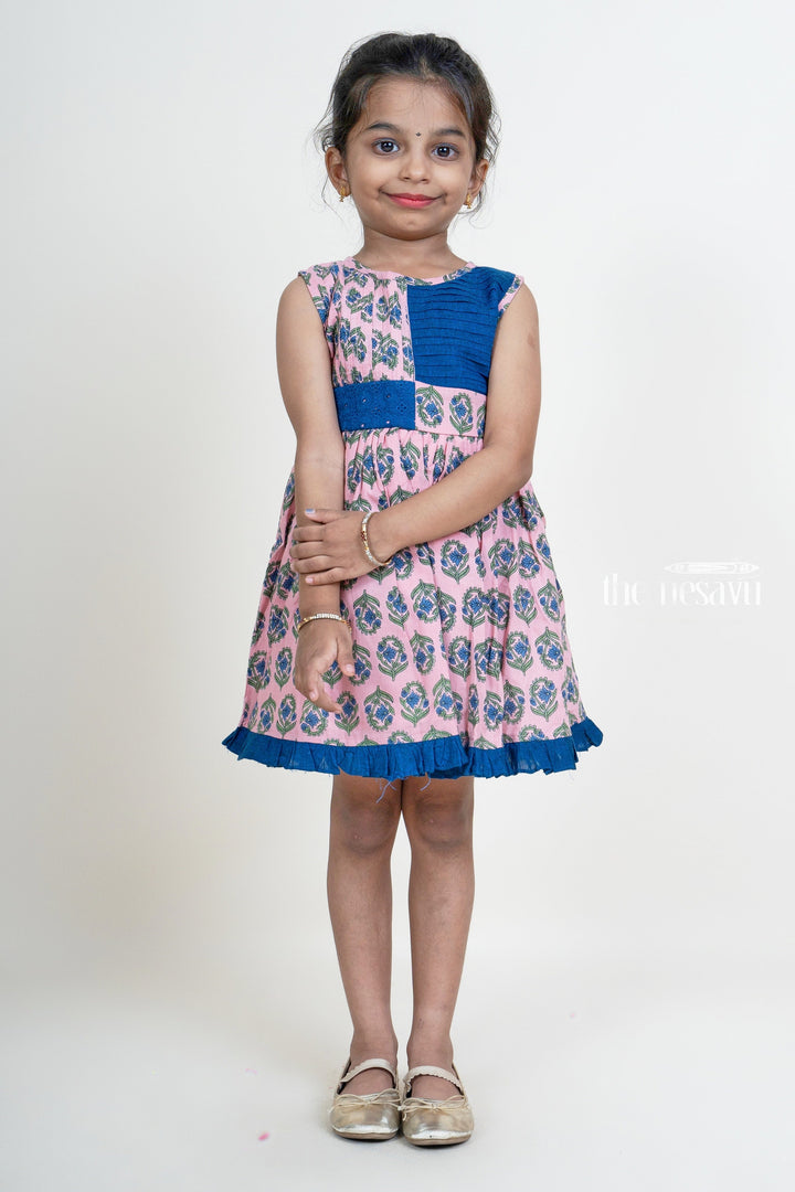 The Nesavu Girls Cotton Frock Pink With Mid-Night Blue Ruffled Hem Pin-Tucked Cotton Gown For Girls Nesavu 14 (6M) / Blue / Cotton GFC923B-14 Girls Cotton Festive Collection 2022 | Shop Online Girls Frock This Diwali | The Nesavu