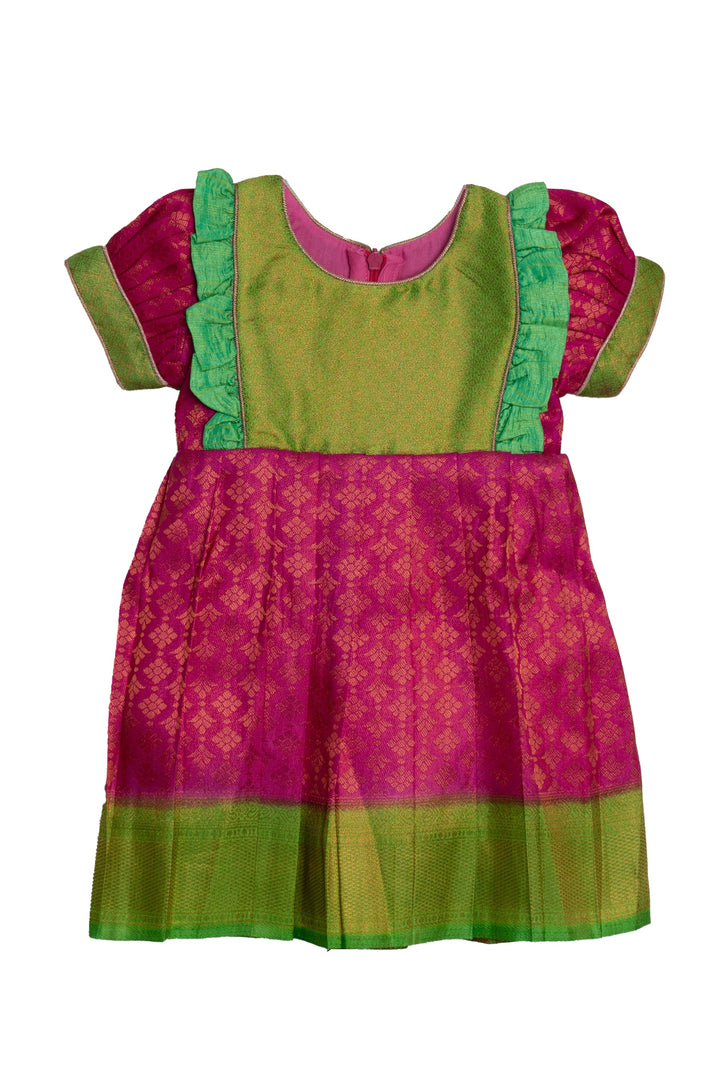 The Nesavu Girls Kanchi Silk Frock Pink with Parrot Green Light Weight Soft Banarasi Pattu / Silk Frock for Little Girls Nesavu 18 (2Y) / Pink / Medium Border SF611B-18 Latest Silk frock Collection | Green Silk frock | The Nesavu