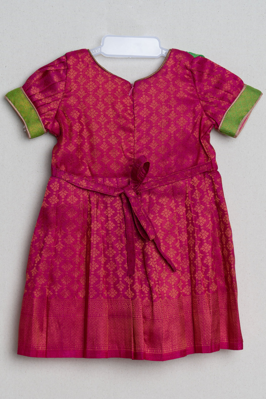 The Nesavu Girls Kanchi Silk Frock Pink with Parrot Green Light Weight Soft Banarasi Pattu / Silk Frock for Little Girls Nesavu Latest Silk frock Collection | The Nesavu