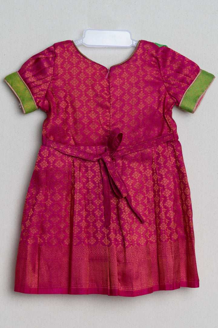 The Nesavu Girls Kanchi Silk Frock Pink with Parrot Green Light Weight Soft Banarasi Pattu / Silk Frock for Little Girls Nesavu Latest Silk frock Collection | The Nesavu