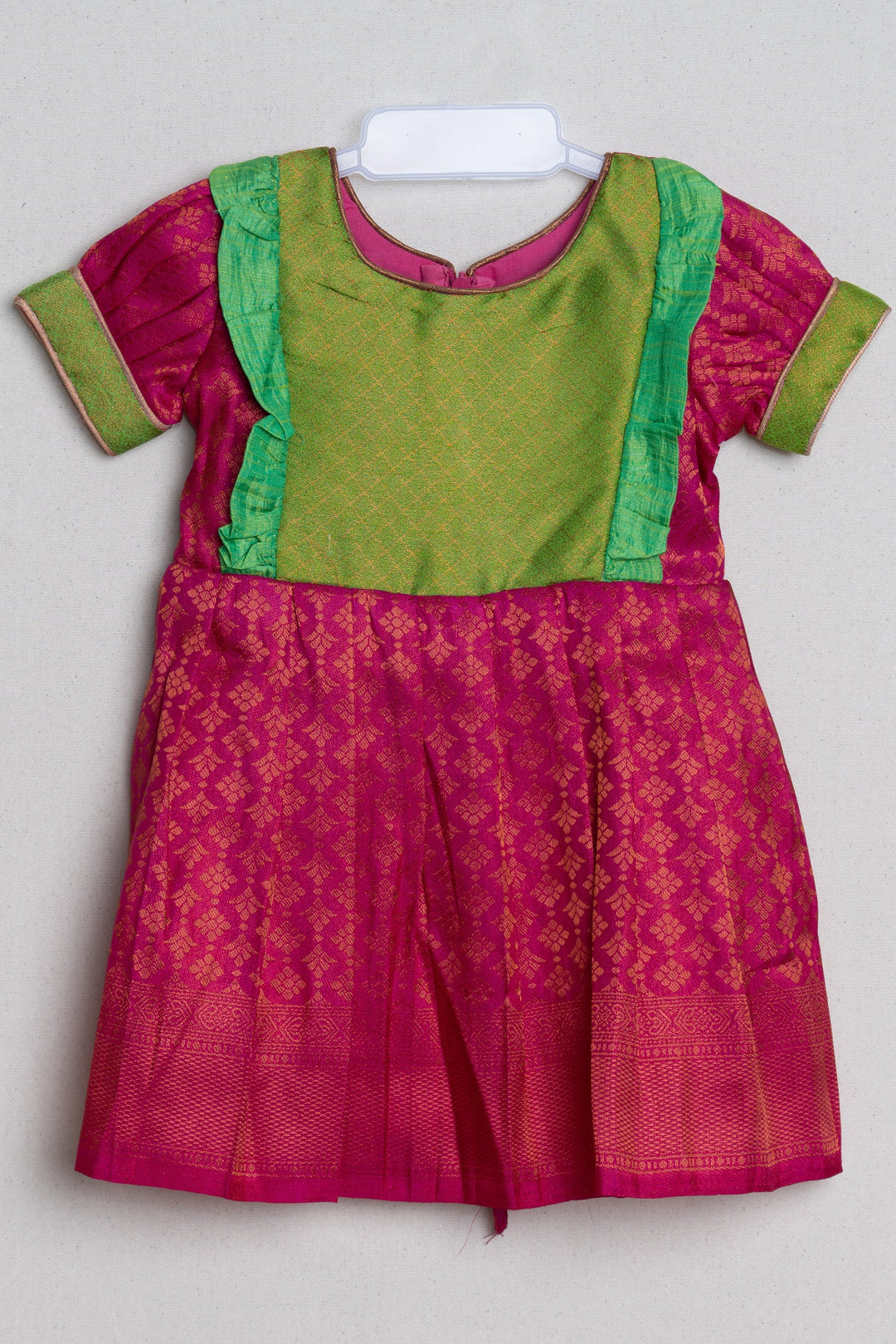 The Nesavu Girls Kanchi Silk Frock Pink with Parrot Green Light Weight Soft Banarasi Pattu / Silk Frock for Little Girls Nesavu Latest Silk frock Collection | The Nesavu
