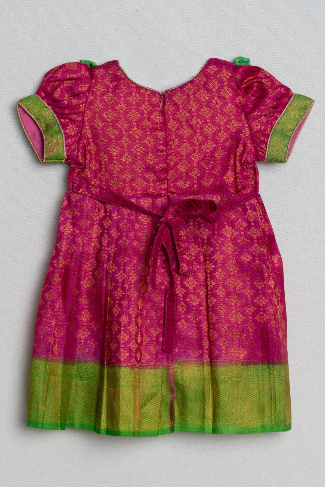 The Nesavu Girls Kanchi Silk Frock Pink with Parrot Green Light Weight Soft Banarasi Pattu / Silk Frock for Little Girls Nesavu Latest Silk frock Collection | The Nesavu