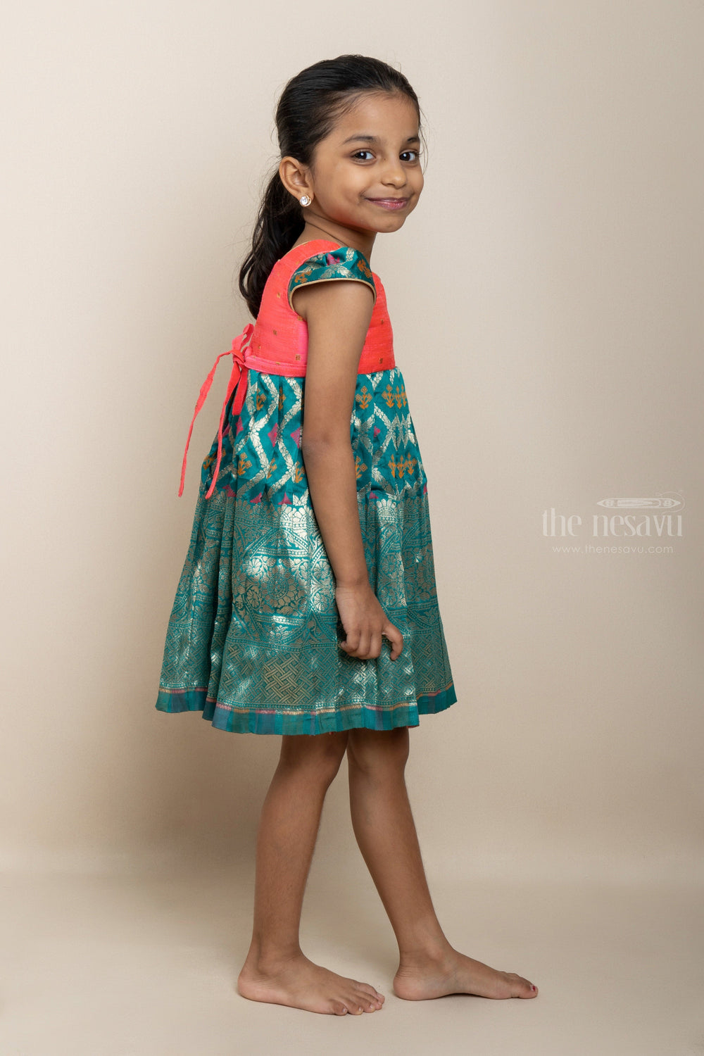 The Nesavu Silk Frock Pink With Peacock Blue Silk Cotton Gown For Baby Girls Nesavu Peacock Blue Designer Silk Gown | Smart Ethnic Casual Dresses | The Nesavu