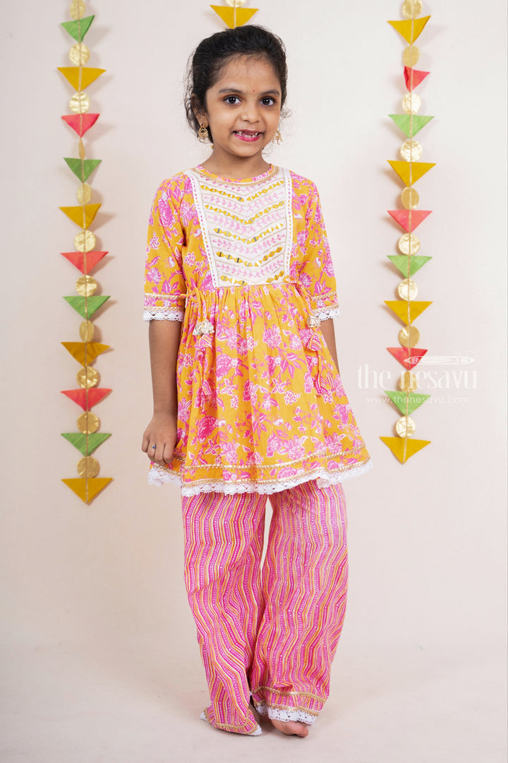 The Nesavu Girls Sharara / Plazo Set Pink With Yellow Soft Cotton Palazzo Designer Wear For Girls Nesavu Pink Palazzo Party Wear Ideas | Designer Embroidery Dresses | The Nesavu