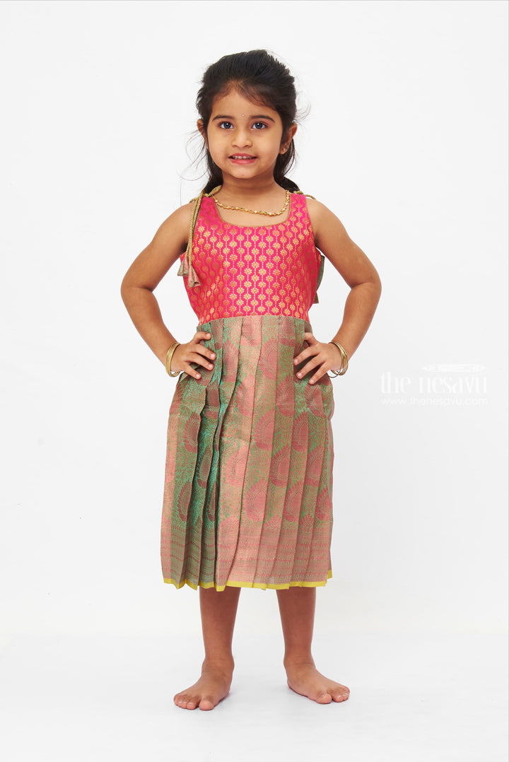 The Nesavu Tie-up Frock Pink Yoke With Jacquard Print And Green Silk Tie-Up Frocks For Girls Nesavu 16 (1Y) / Green T271C-16 Captivating Pattu Frocks Online| Pillala Frocks| The Nesavu