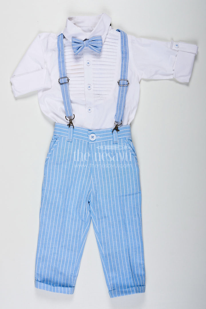 The Nesavu Boys Casual Set Pintuck Stitch Boys Formal Shirt Set with Light Blue Striped Pants Bow Tie and Matching Cap Nesavu 16 (1Y) / Blue BCS233B-16 Pintuck Stitch Boys Shirt Set with Blue Striped Pants Cap and Formal Accessories | The Nesavu
