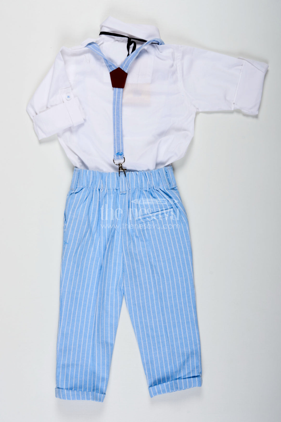 The Nesavu Boys Casual Set Pintuck Stitch Boys Formal Shirt Set with Light Blue Striped Pants Bow Tie and Matching Cap Nesavu Pintuck Stitch Boys Shirt Set with Blue Striped Pants Cap and Formal Accessories | The Nesavu
