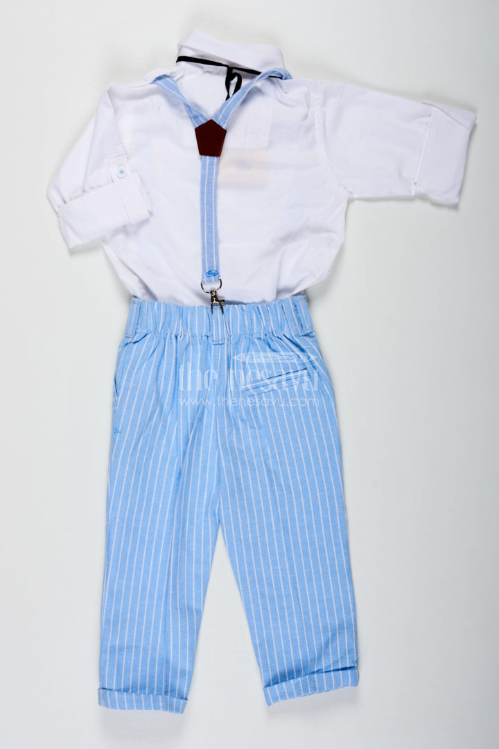 The Nesavu Boys Casual Set Pintuck Stitch Boys Formal Shirt Set with Light Blue Striped Pants Bow Tie and Matching Cap Nesavu Pintuck Stitch Boys Shirt Set with Blue Striped Pants Cap and Formal Accessories | The Nesavu