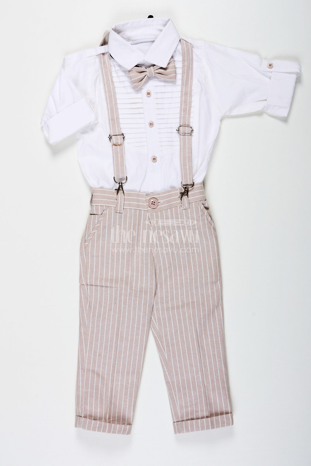 The Nesavu Boys Casual Set Pintucks Design Boys Cotton Shirt Set with Beige Striped Pants Bow Tie and Cap for Classic Casual Look Nesavu 16 (1Y) / Beige BCS233A-16 Pintucks Design Boys Shirt Set with Beige Striped Trousers Bow Tie Suspenders and Cap | The Nesavu