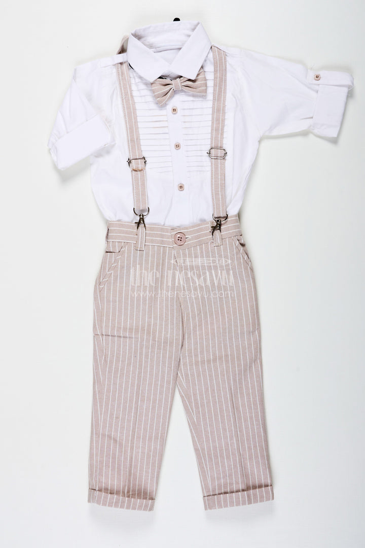 The Nesavu Boys Casual Set Pintucks Design Boys Cotton Shirt Set with Beige Striped Pants Bow Tie and Cap for Classic Casual Look Nesavu 16 (1Y) / Beige BCS233A-16 Pintucks Design Boys Shirt Set with Beige Striped Trousers Bow Tie Suspenders and Cap | The Nesavu