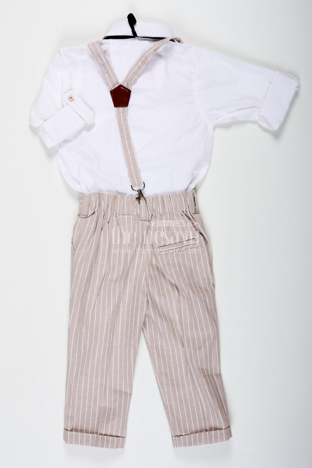 The Nesavu Boys Casual Set Pintucks Design Boys Cotton Shirt Set with Beige Striped Pants Bow Tie and Cap for Classic Casual Look Nesavu Pintucks Design Boys Shirt Set with Beige Striped Trousers Bow Tie Suspenders and Cap | The Nesavu