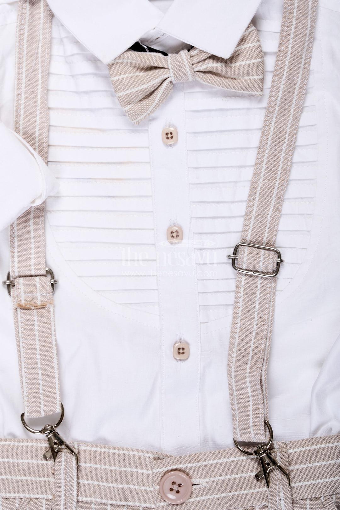 The Nesavu Boys Casual Set Pintucks Design Boys Cotton Shirt Set with Beige Striped Pants Bow Tie and Cap for Classic Casual Look Nesavu Pintucks Design Boys Shirt Set with Beige Striped Trousers Bow Tie Suspenders and Cap | The Nesavu
