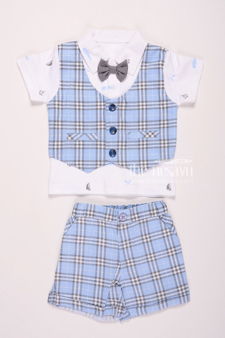 The Nesavu Baby Casual Sets Plaid Vest and Bow Tie Baby Boy Outfit Nesavu 10 (NB) / Blue BCS042A-10 Plaid Vest and Bow Tie Baby Boy Outfit - Elegant & Stylish