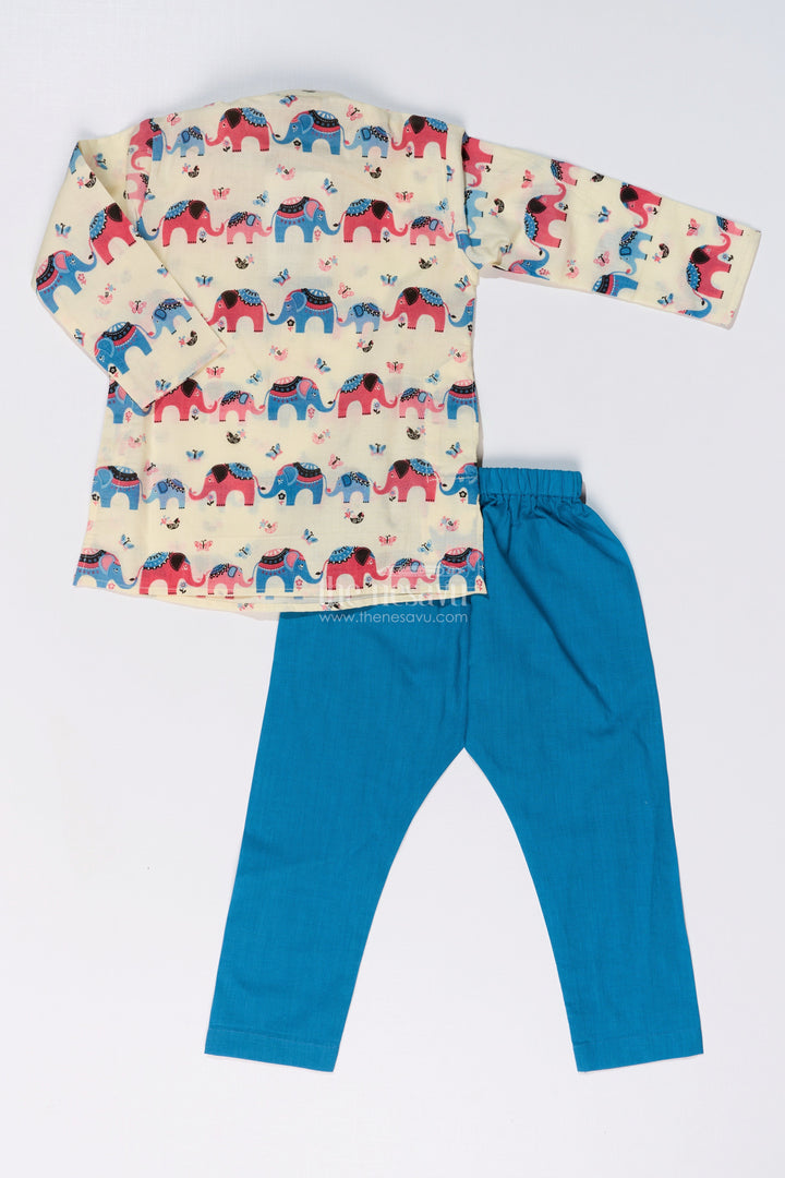 The Nesavu Boys Kurtha Set Playful Boys Cotton Printed Kurta Set with Elephant Motifs for Festive Wear Nesavu Nesavu Boys Cotton Printed Kurta Set Elephant Motifs Contrasting Pants