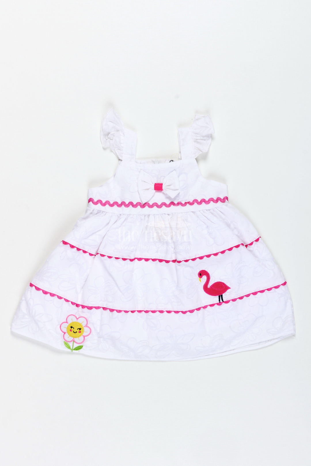 The Nesavu Baby Cotton Frocks Playful Cartoon Frock for Baby Girls with Embroidery Nesavu 14 (6M) / White BFJ837C-14 Nesavu White Georgette Toddler Frock Cartoon Embroidery Pink Accents Lightweight Comfort