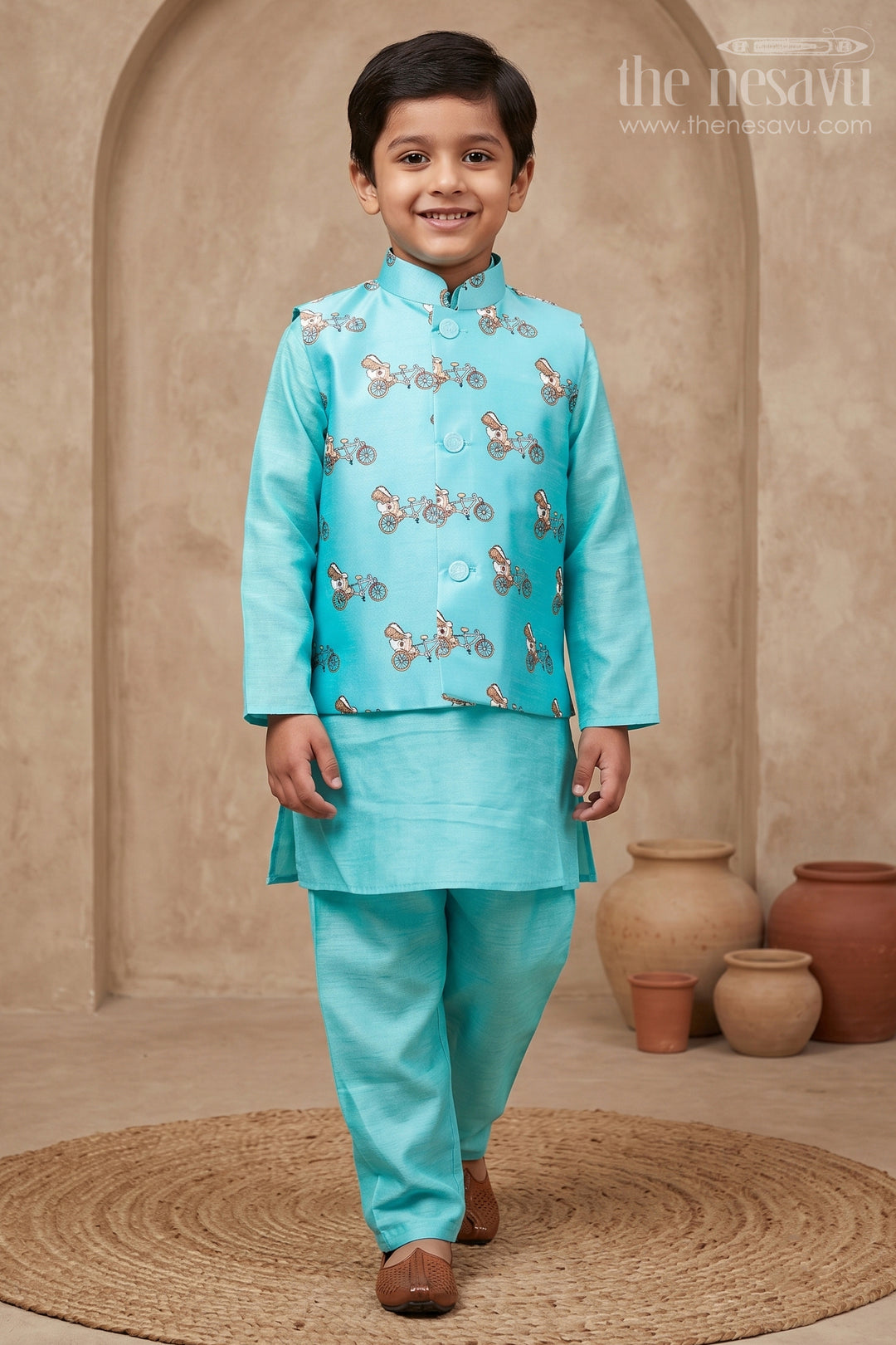 The Nesavu Boys Jacket Sets Playful Cartoon Printed Overcoat with Mandarin Collar Blue Kurta Pant Set for Boys Nesavu 12 (3M) / Blue / Silk Blend BES403A-12 Boys Cartoon-Printed Overcoat with Blue Mandarin Collar Kurta Pant Set | The Nesavu