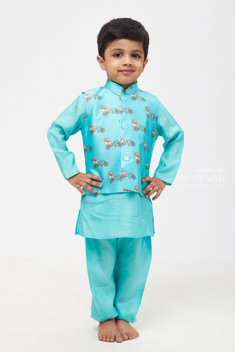 The Nesavu Boys Jacket Sets Playful Cartoon Printed Overcoat with Mandarin Collar Blue Kurta Pant Set for Boys Nesavu Boys Cartoon-Printed Overcoat with Blue Mandarin Collar Kurta Pant Set: Traditional Kids' Wear Fusion-The Nesavu