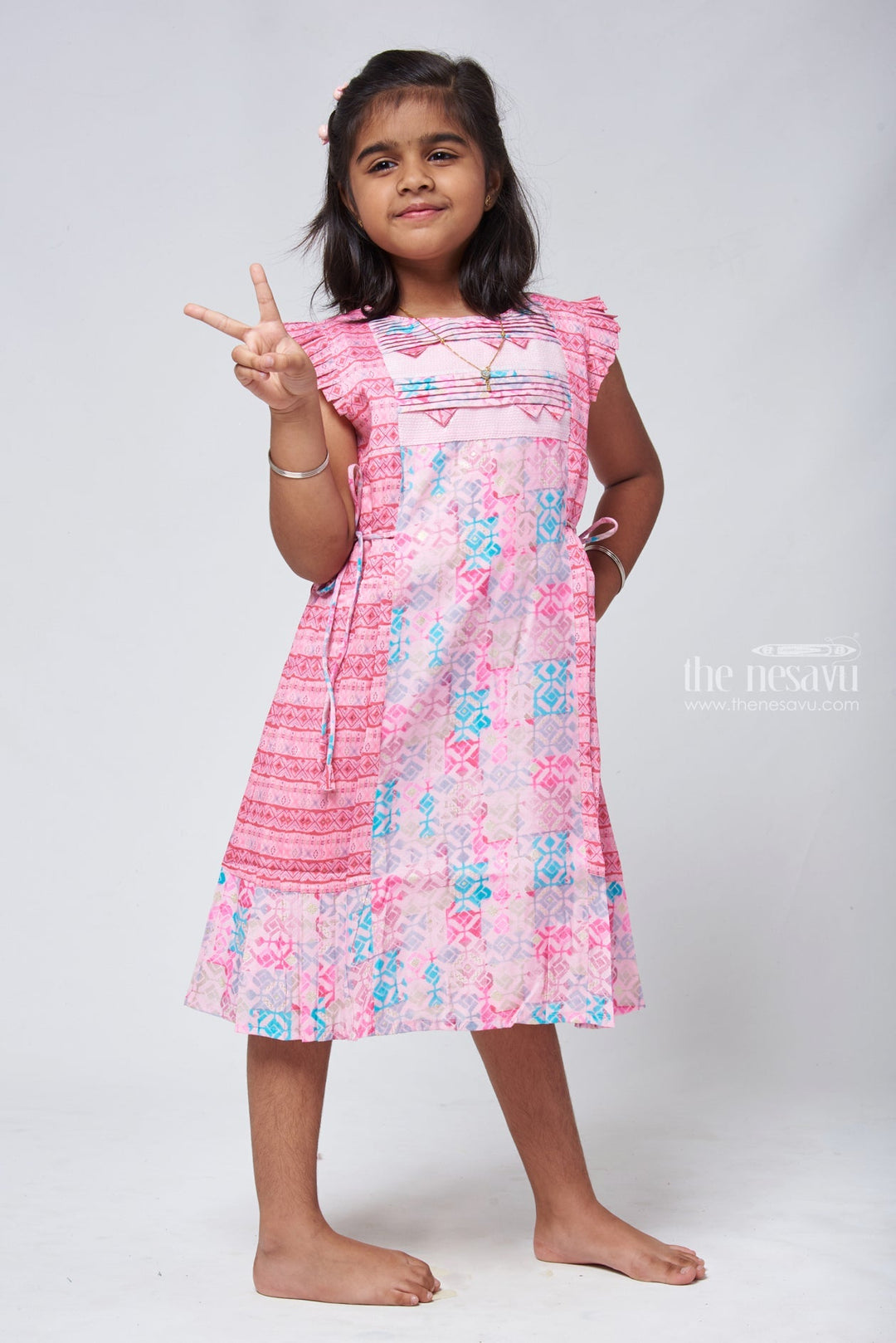 The Nesavu Girls Cotton Frock Playful Pink Geometric A-line Frock - Stylish Girls Attire Nesavu 22 (4Y) / Pink / Chanderi GFC1111B-22 Cotton Simple Frock | Daily Wear Cotton Frocks | The Nesavu