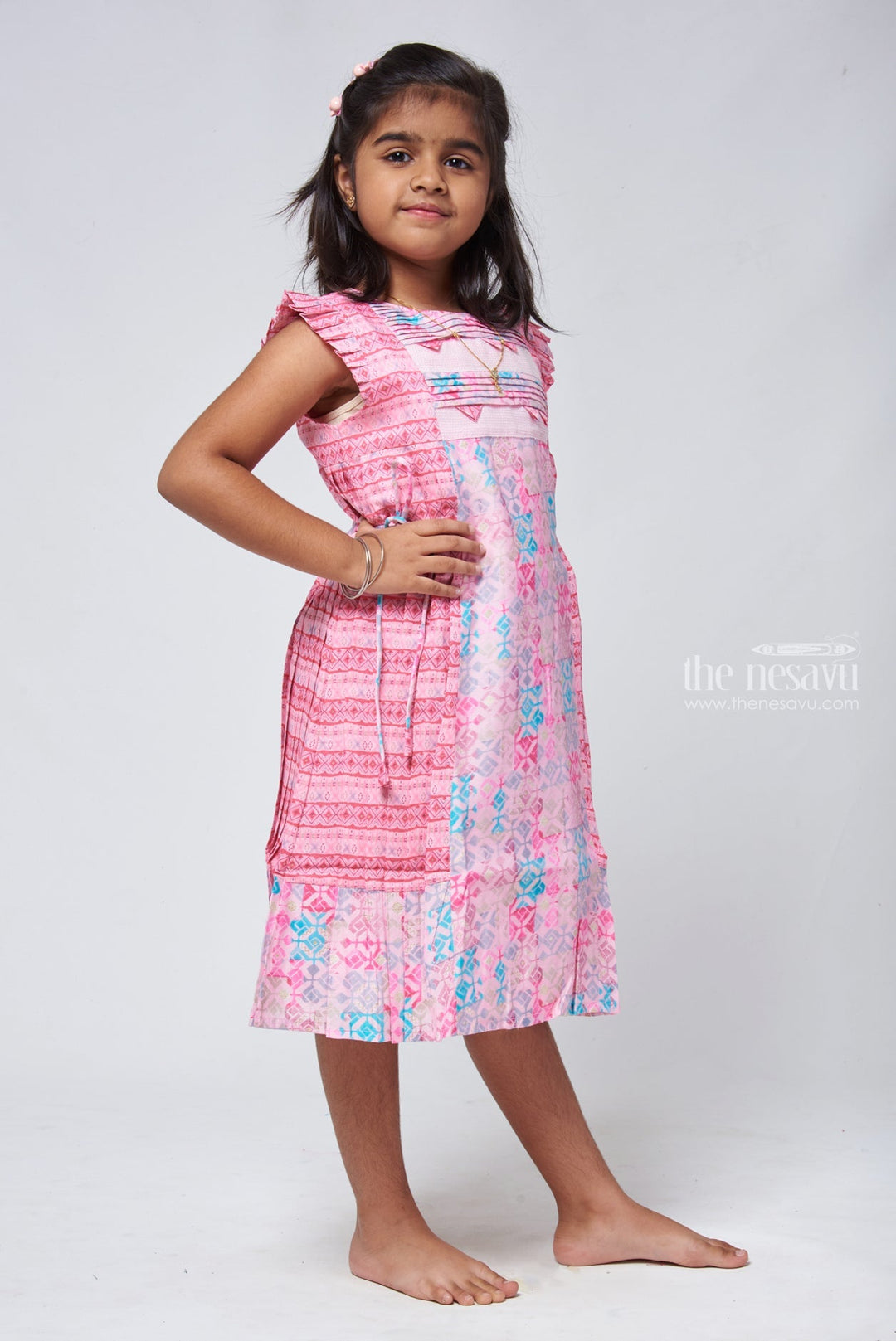 The Nesavu Girls Cotton Frock Playful Pink Geometric A-line Frock - Stylish Girls Attire Nesavu Cotton Simple Frock | Daily Wear Cotton Frocks | The Nesavu