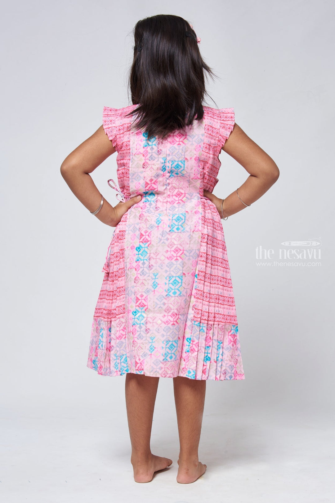 The Nesavu Girls Cotton Frock Playful Pink Geometric A-line Frock - Stylish Girls Attire Nesavu Cotton Simple Frock | Daily Wear Cotton Frocks | The Nesavu