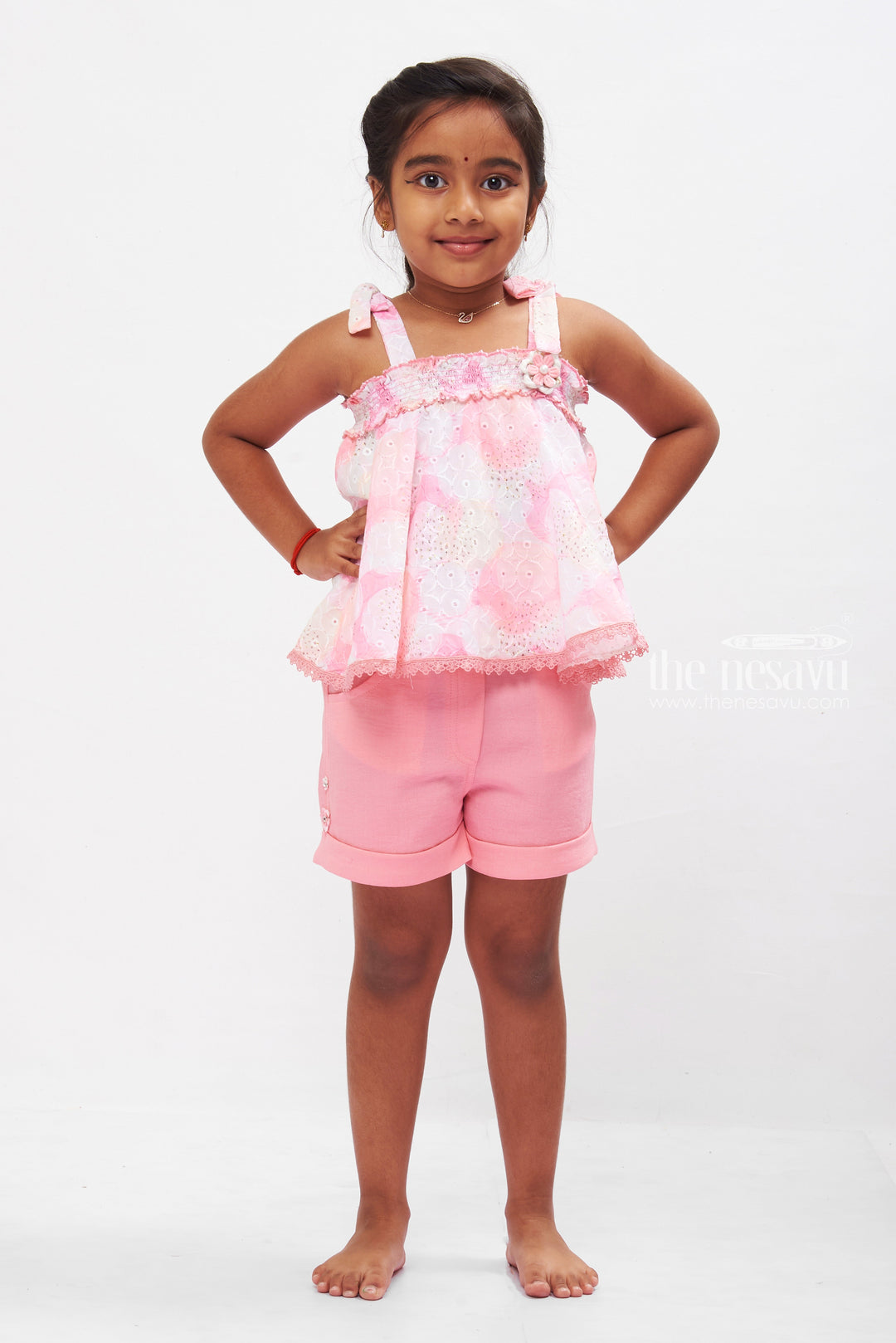 The Nesavu Baby Casual Sets Playful Pink Halter Top & Shorts Set with Lace Accents for Girls Nesavu 18 (2Y) / Pink BFJ514A-18 Girls Lace Detail Summer Set | Pink Casual Outfit | Stylish Kids Playwear | The Nesavu