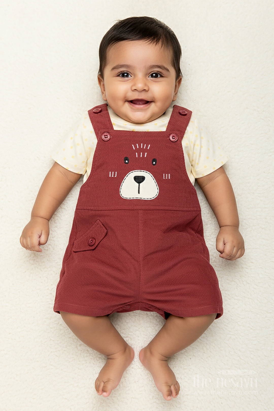 The Nesavu Boys Casual Set Playful Toddler Dress with Bear Face Embroidered Dungarees and Yellow Polka Dot Tee for Boys Nesavu 12 (3M) / Red BCS323A-12 Nesavu Playful Toddler Dress Boys Bear Embroidered Dungarees Polka Dot Tee