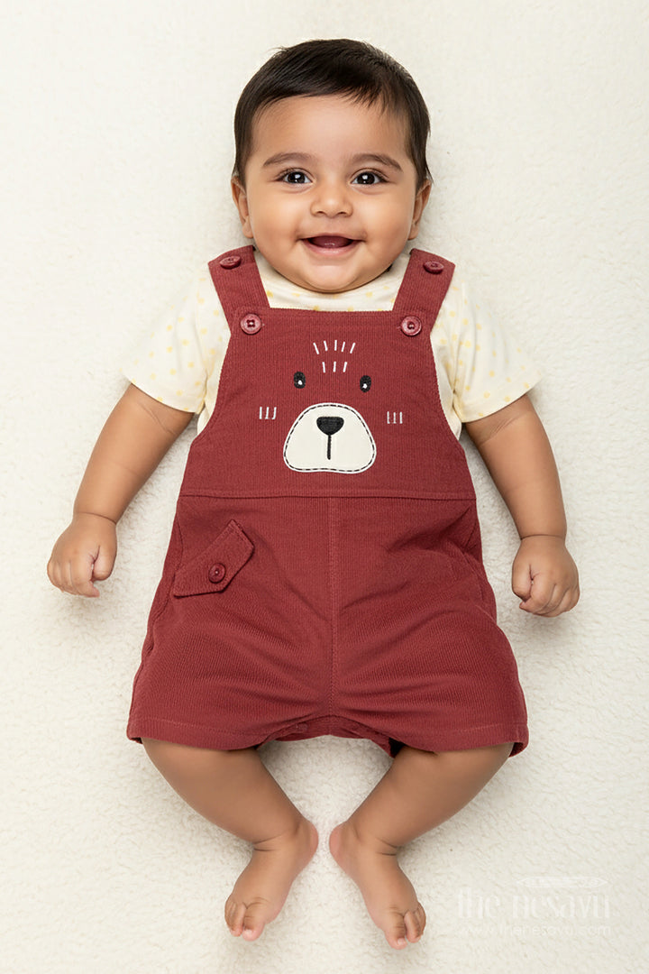 The Nesavu Boys Casual Set Playful Toddler Dress with Bear Face Embroidered Dungarees and Yellow Polka Dot Tee for Boys Nesavu 12 (3M) / Red BCS323A-12 Nesavu Playful Toddler Dress Boys Bear Embroidered Dungarees Polka Dot Tee