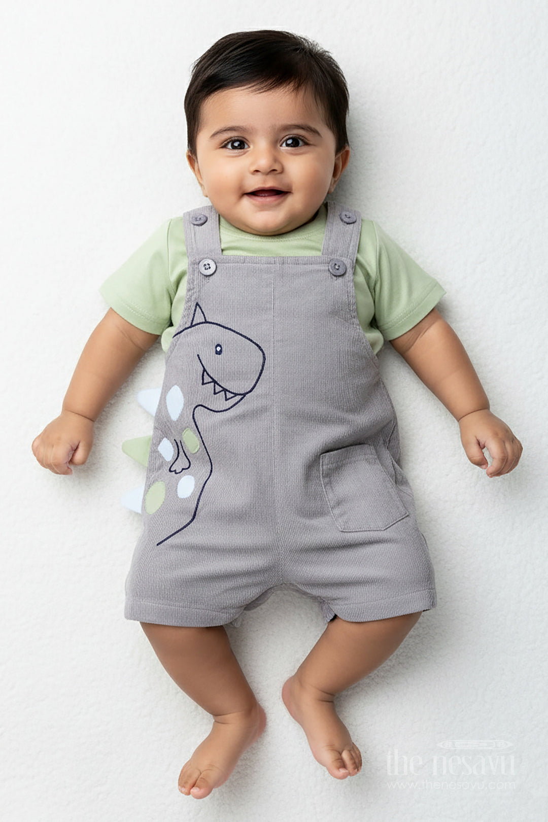 The Nesavu Boys Casual Set Playtime Outfit for Boys with Dinosaur Appliqué Overalls in Grey Corduroy and Green Cotton Tee Nesavu 12 (3M) / Green BCS321A-12 Nesavu Playtime Outfit Boys Dinosaur Corduroy Overalls Green Cotton Tee