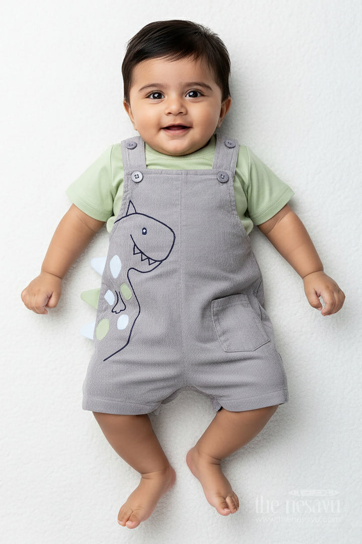 The Nesavu Boys Casual Set Playtime Outfit for Boys with Dinosaur Appliqué Overalls in Grey Corduroy and Green Cotton Tee Nesavu 12 (3M) / Green BCS321A-12 Nesavu Playtime Outfit Boys Dinosaur Corduroy Overalls Green Cotton Tee