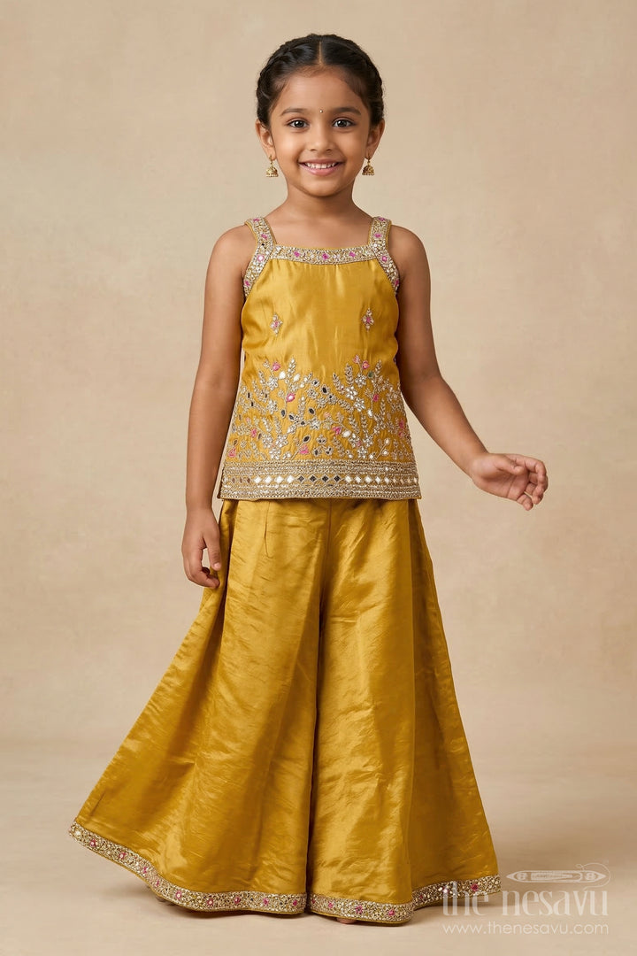 The Nesavu Girls Sharara / Plazo Set Plazo Outfit for Girls with Mirror Work Yoke and Festive Dupatta Nesavu 18 (2Y) / Yellow / Georgette GPS959B-18 Nesavu girls festive plazo set with mirror work blouse and dupatta – ideal for birthdays and school ethnic days
