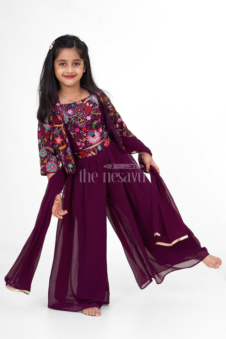 The Nesavu Girls Sharara / Plazo Set Plazo Set for Women with Floral Embroidered Georgette Jacket, Perfect for Festive Gatherings and Celebrations Nesavu 24 (5Y) / Purple GPS469A-24 Elegant Plazo Set Women Embroidered Floral Jacket Georgette Nesavu Perfect Diwali Festive Celebrations