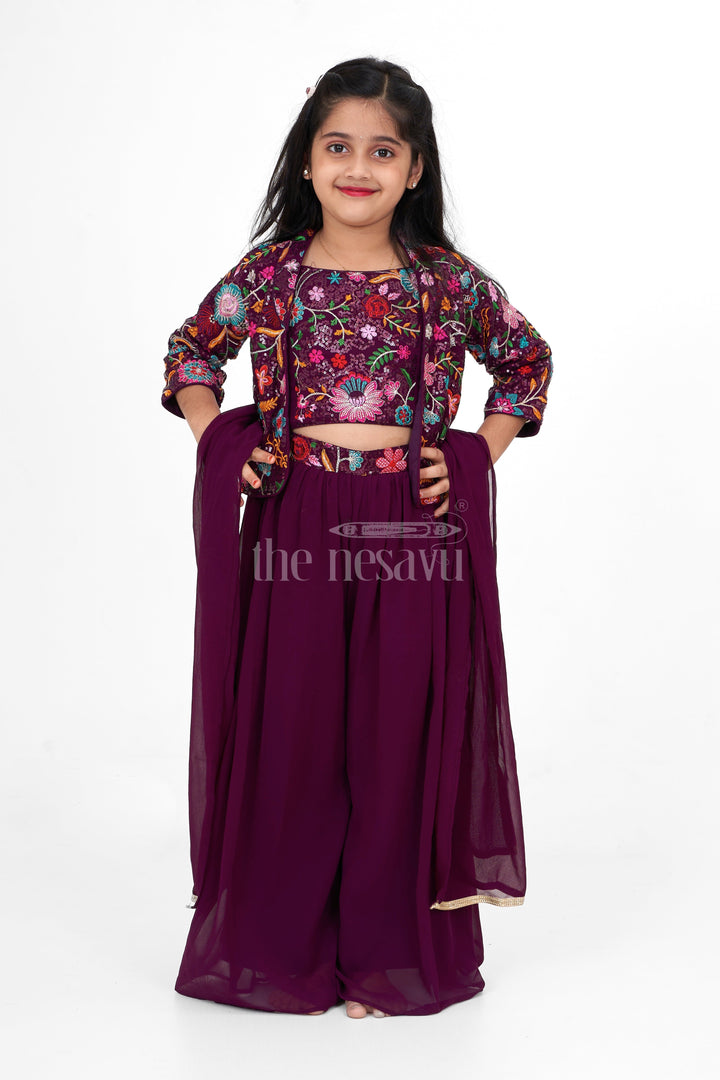 The Nesavu Girls Sharara / Plazo Set Plazo Set for Women with Floral Embroidered Georgette Jacket, Perfect for Festive Gatherings and Celebrations Nesavu Elegant Plazo Set Women Embroidered Floral Jacket Georgette Nesavu Perfect Diwali Festive Celebrations