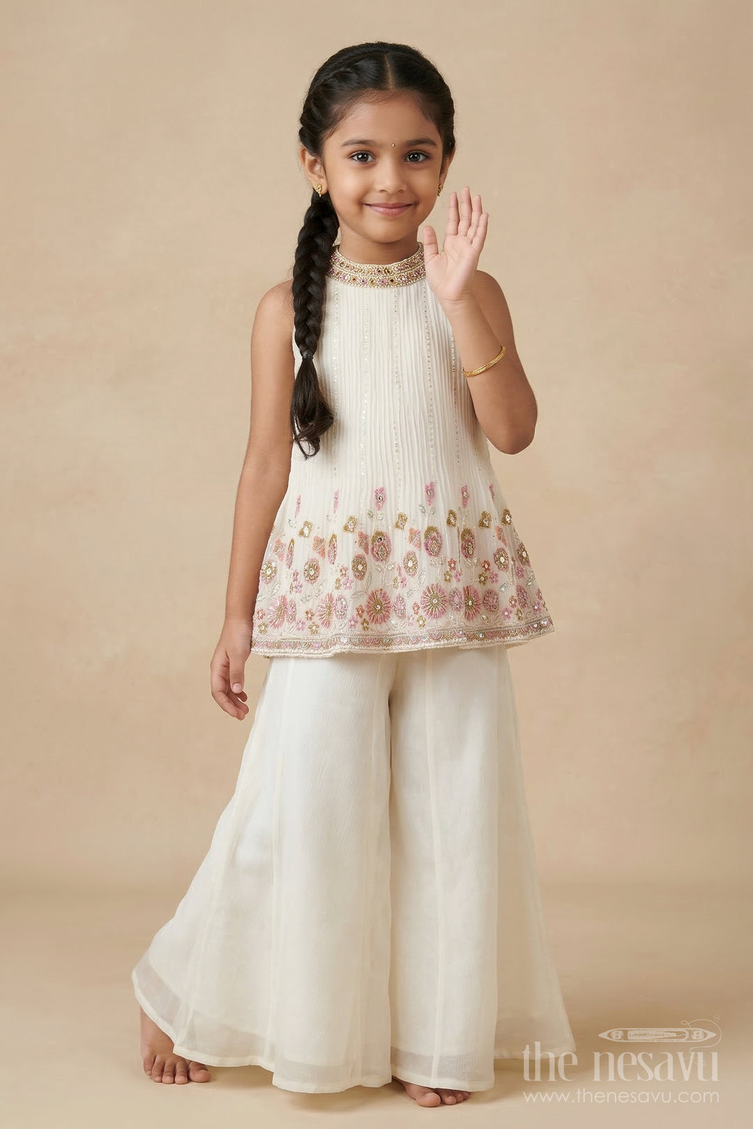 The Nesavu Girls Sharara / Plazo Set Pleated Georgette Sharara Set for Girls with Thread Embroidery for Milestone Moments Nesavu 26 (6Y) / Half white / Georgette GPS961A-26 Nesavu pleated georgette sharara set with thread embroidery and dupatta – perfect for birthdays and naming ceremonies