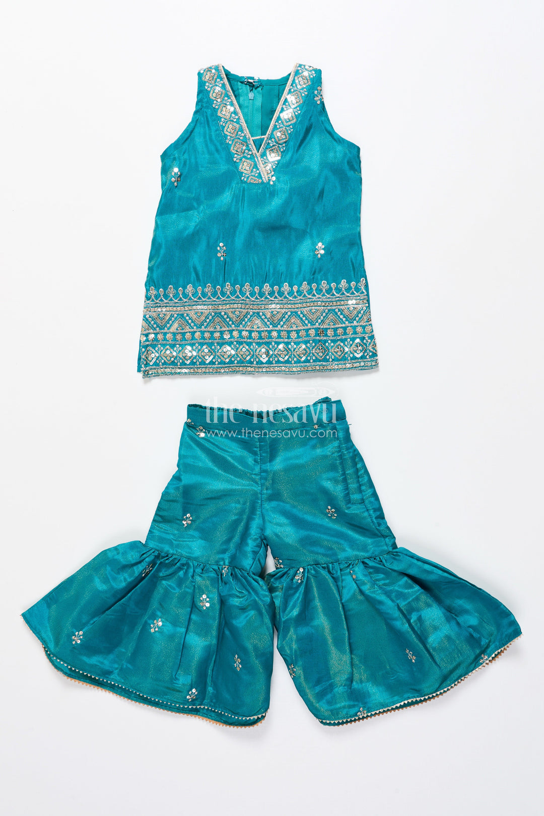 The Nesavu Girls Sharara / Plazo Set Pleated Sharara Set in Teal Banarasi Kora Silk with Sequence Embroidery for Girls Nesavu 16 (1Y) / Green GPS581A-16 Nesavu Teal Banarasi Pleated Sharara Set Girls Elegant Sequence Embroidery