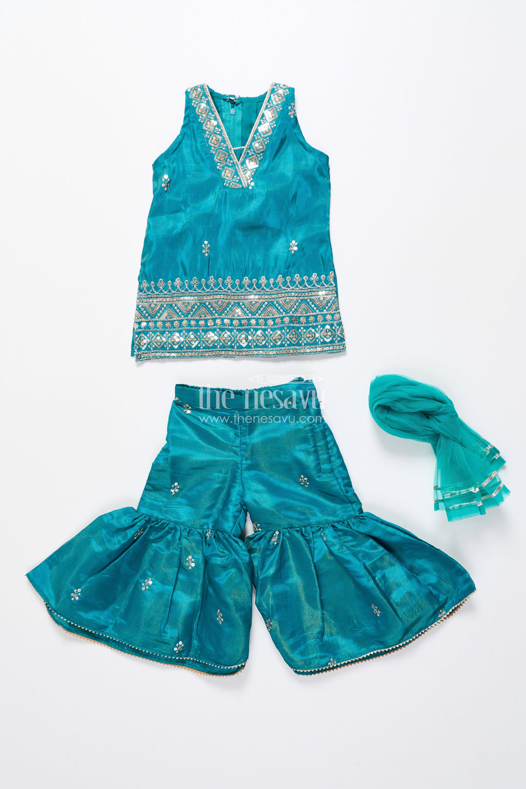 The Nesavu Girls Sharara / Plazo Set Pleated Sharara Set in Teal Banarasi Kora Silk with Sequence Embroidery for Girls Nesavu Nesavu Teal Banarasi Pleated Sharara Set Girls Elegant Sequence Embroidery
