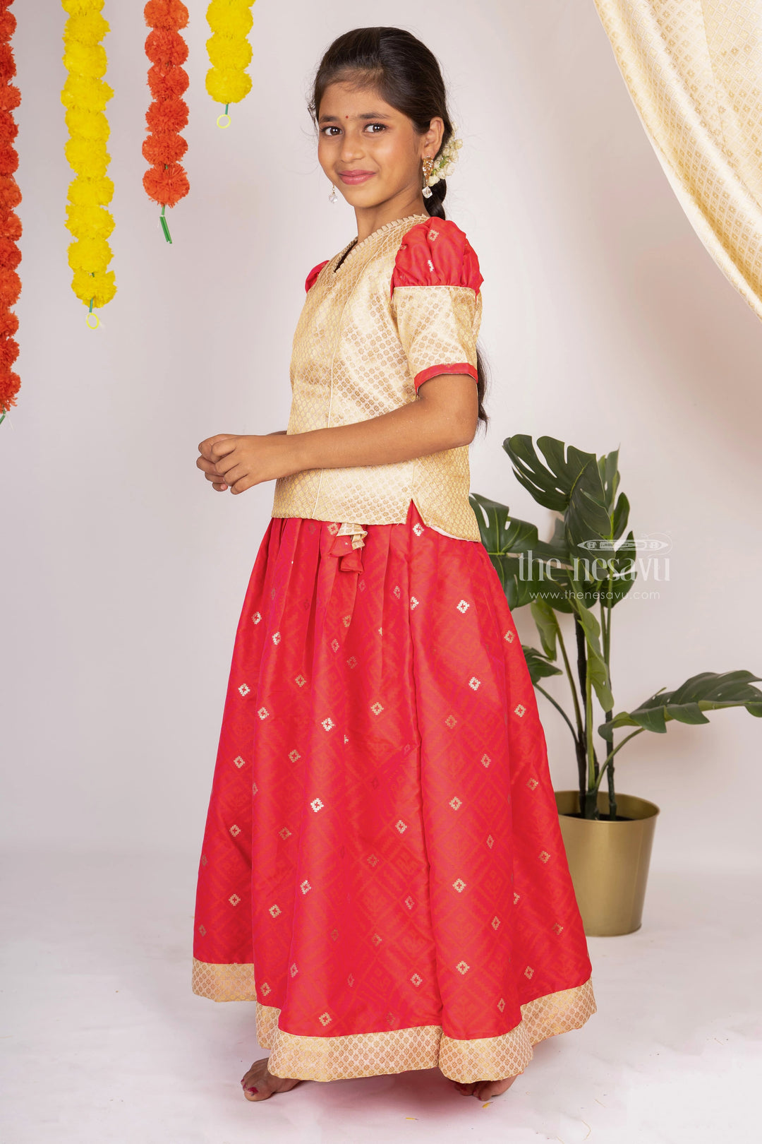 The Nesavu Pattu Pavadai Pleated Silk Skirt With Contrasting Latest Designer Blouse For Your Girls Nesavu Top 25 Pattu Pavadai Design Ideas | Stylish Traditional Party Wear | The Nesavu