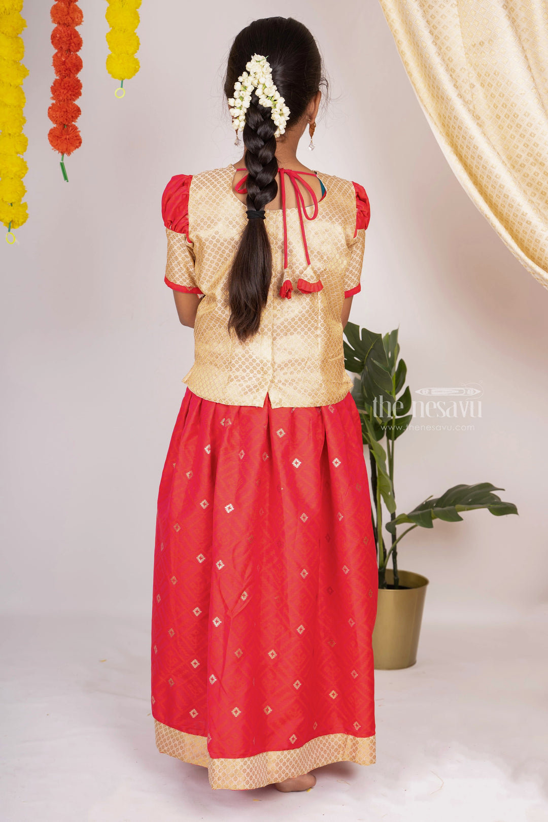 The Nesavu Pattu Pavadai Pleated Silk Skirt With Contrasting Latest Designer Blouse For Your Girls Nesavu Top 25 Pattu Pavadai Design Ideas | Stylish Traditional Party Wear | The Nesavu