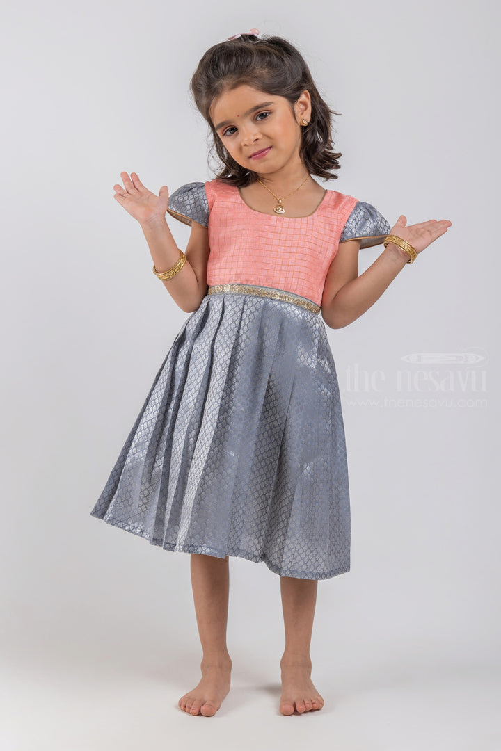 The Nesavu Silk Embroidered Frock Premium Checkered Pattern Salmon Pink Yoke and Knife Pleated Brocade Designer Gray Silk Frock for Girls psr silks Nesavu 16 (1Y) / Gray / Semi Silk SF617B